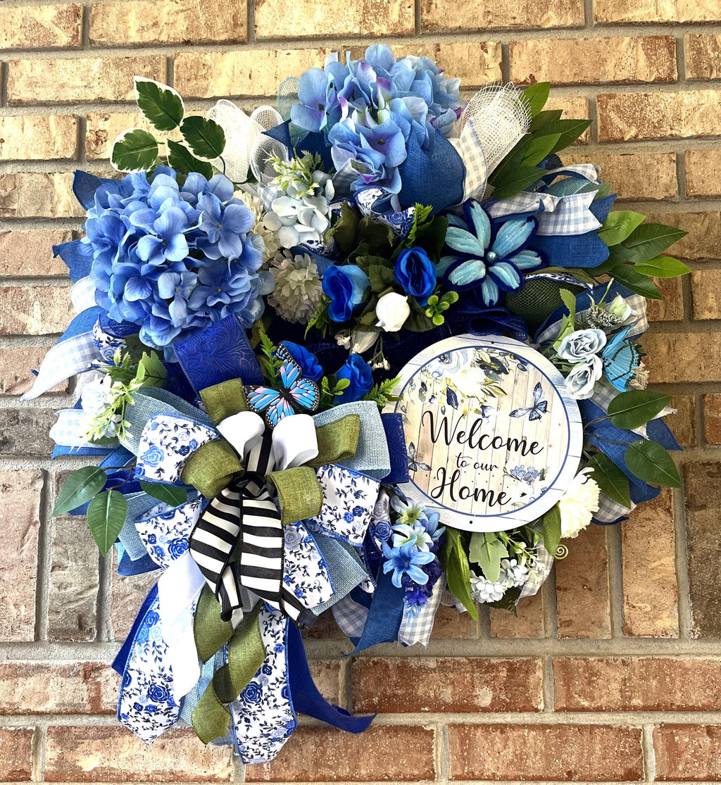 Blue Hydrangea Welcome Home Wreath | Blue White Ribbon Front Door Decor