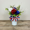 Patriotic Floral Arrangement | Red White Blue Centerpiece in White Tin