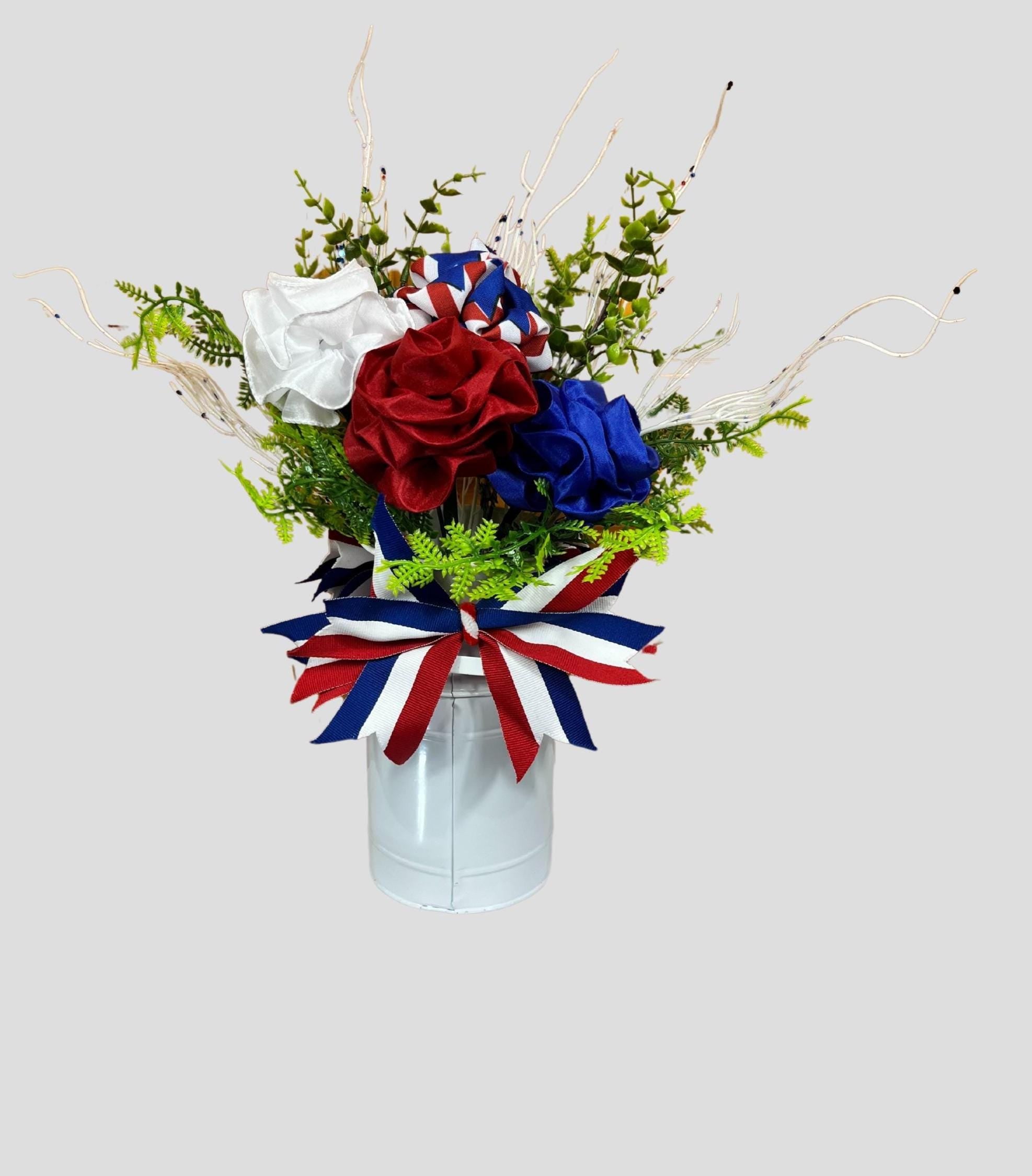 Patriotic Floral Arrangement | Red White Blue Centerpiece in White Tin