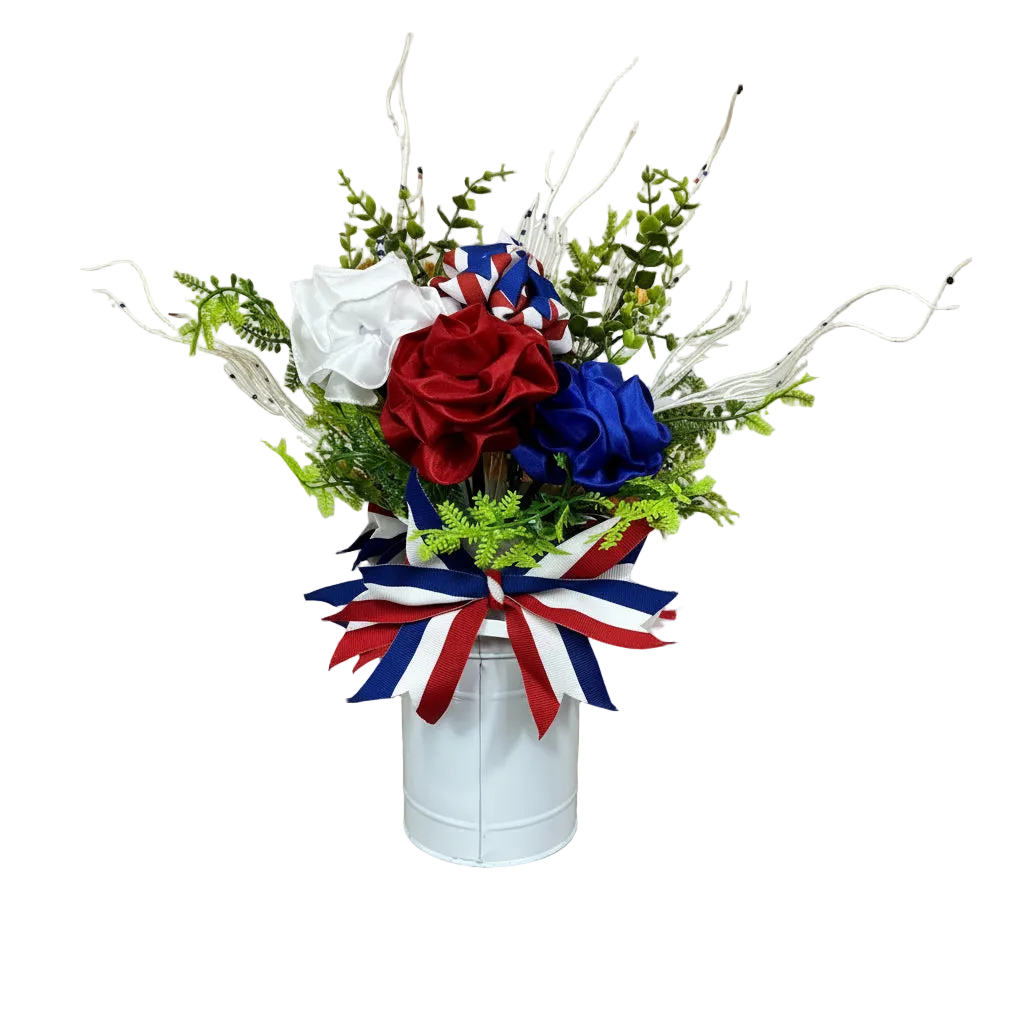 Patriotic Floral Arrangement | Red White Blue Centerpiece in White Tin