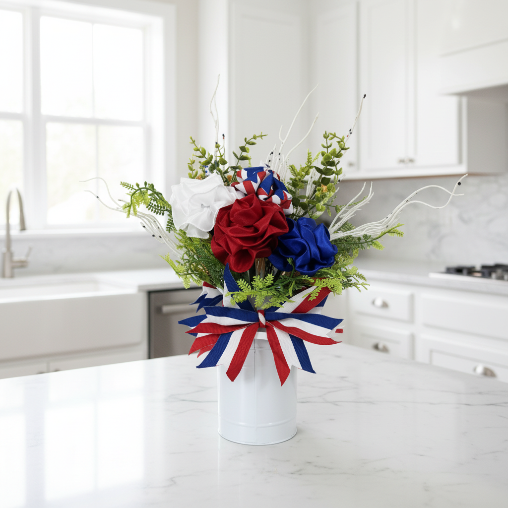 Patriotic Floral Arrangement | Red White Blue Centerpiece in White Tin