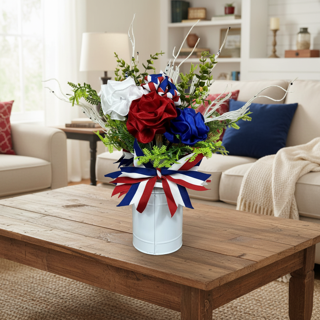 Patriotic Floral Arrangement | Red White Blue Centerpiece in White Tin