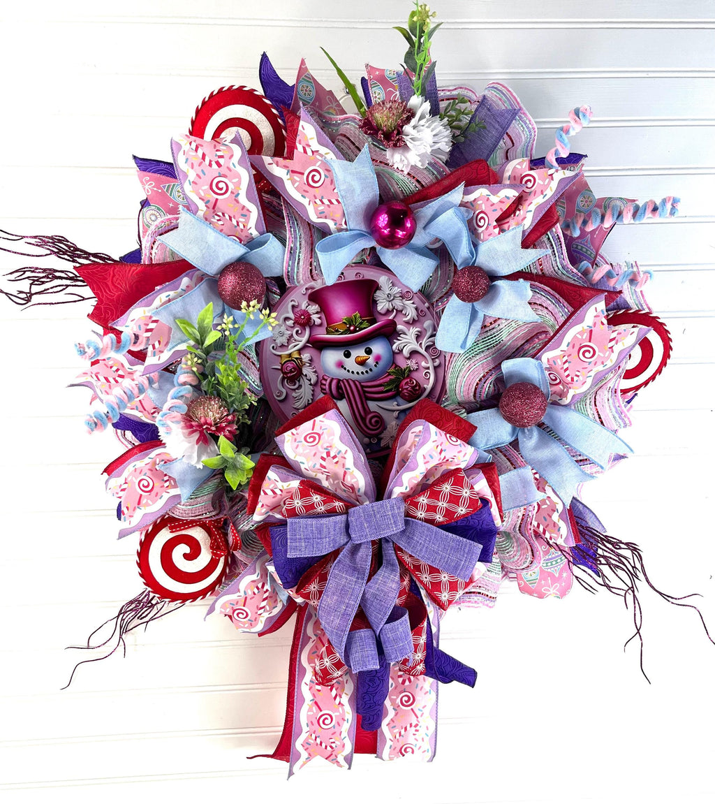 Christmas| Pink Snowman Christmas Wreath | Candy-Themed Winter Door Decor