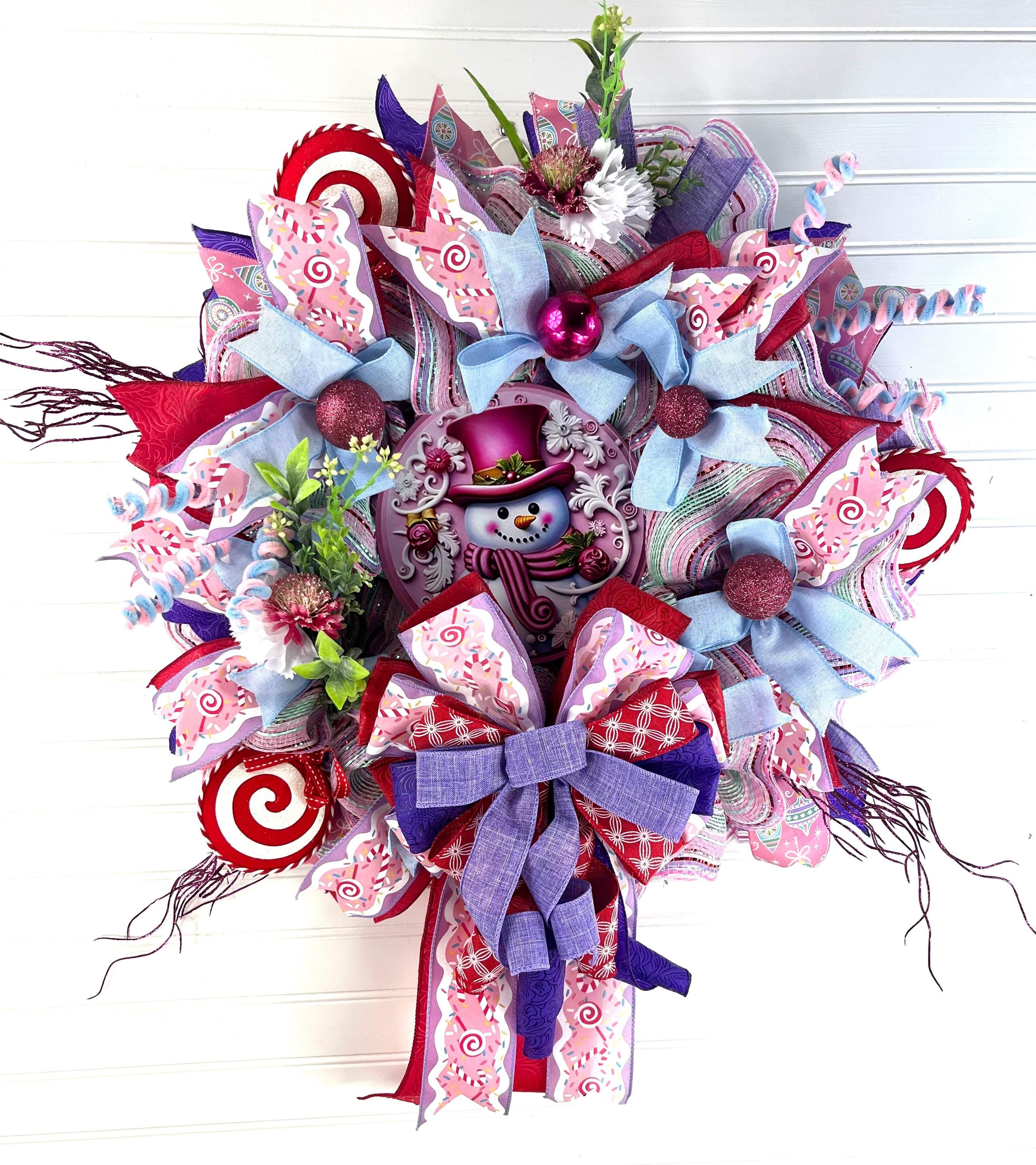 Christmas| Pink Snowman Christmas Wreath | Candy-Themed Winter Door Decor