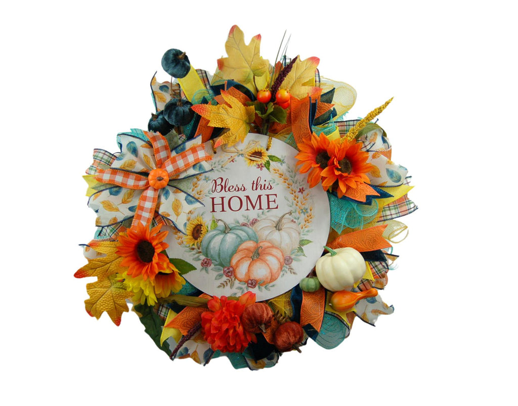 Sunflower Pumpkin Fall Wreath – ‘Bless This Home’ Autumn Decor