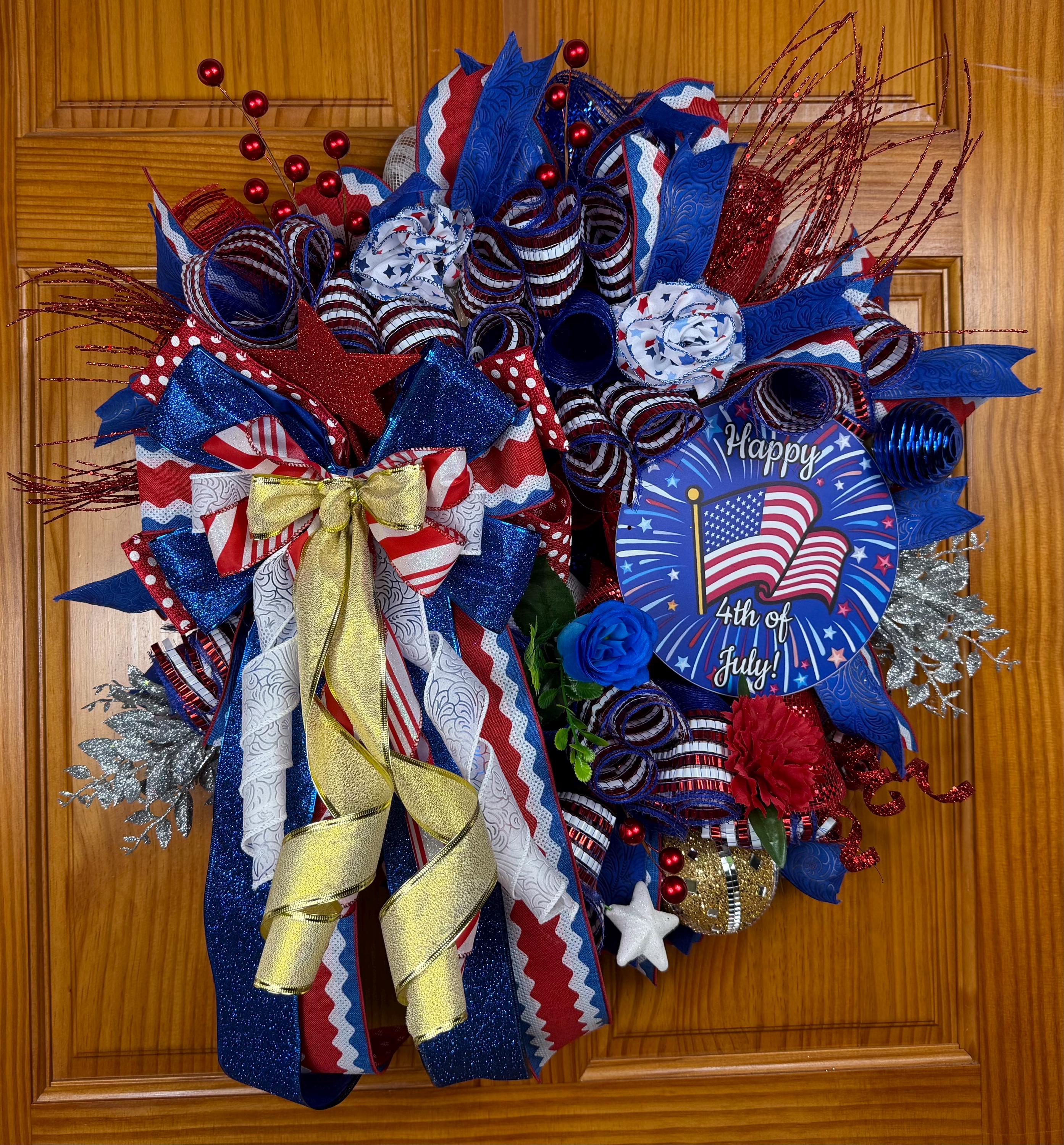 Patriotic Deco Mesh Wreath, 4th of July Front Door Wreath, American Flag Wreath, Memorial Day Decor, Summer Door Hanger