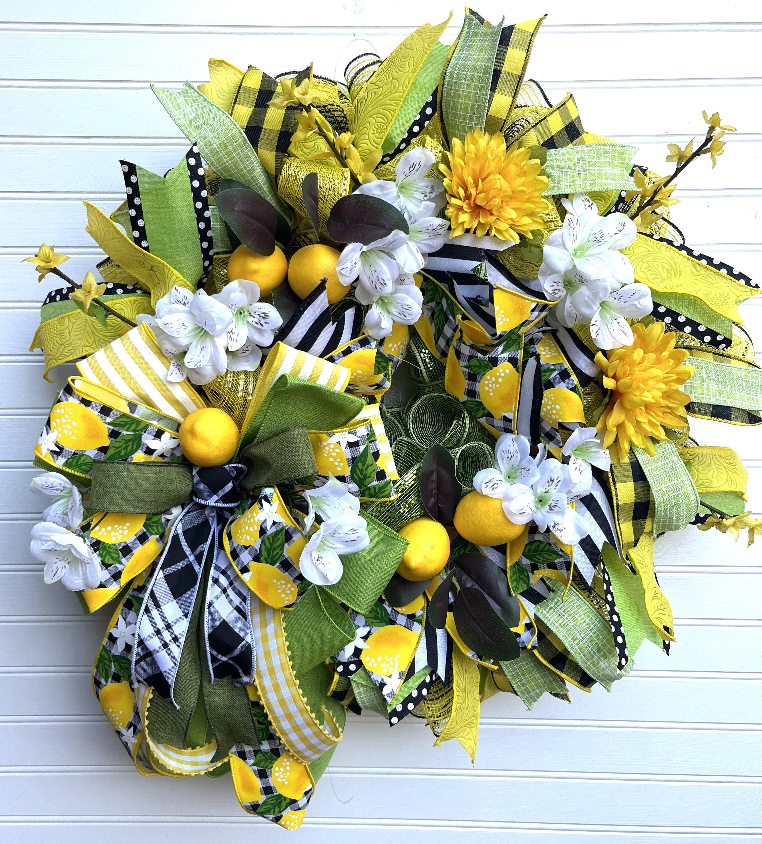Lemon Summer Wreath | Yellow Floral Farmhouse Decor with Gingham Ribbon