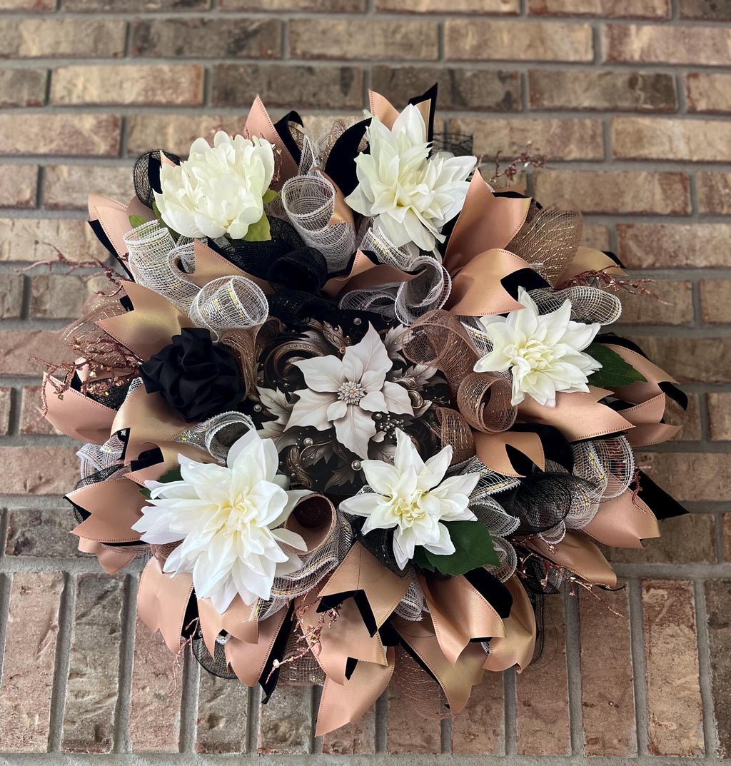 Black & Champagne Dahlia Wreath| Elegant Glam Front Door Decor