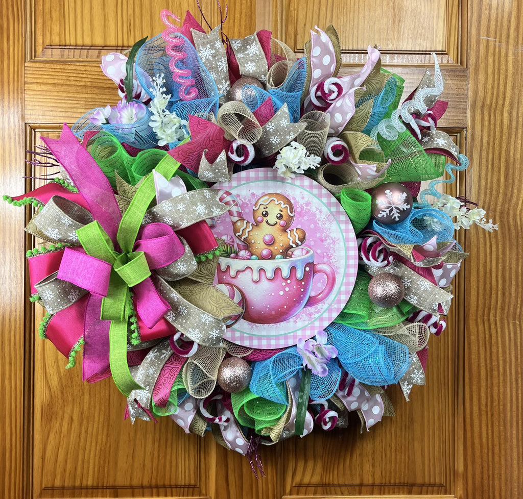 Gingerbread Hot Cocoa Christmas Wreath | Whimsical Candyland Front Door Wreath | Pink Christmas Decor | Handmade Holiday Door Hanger
