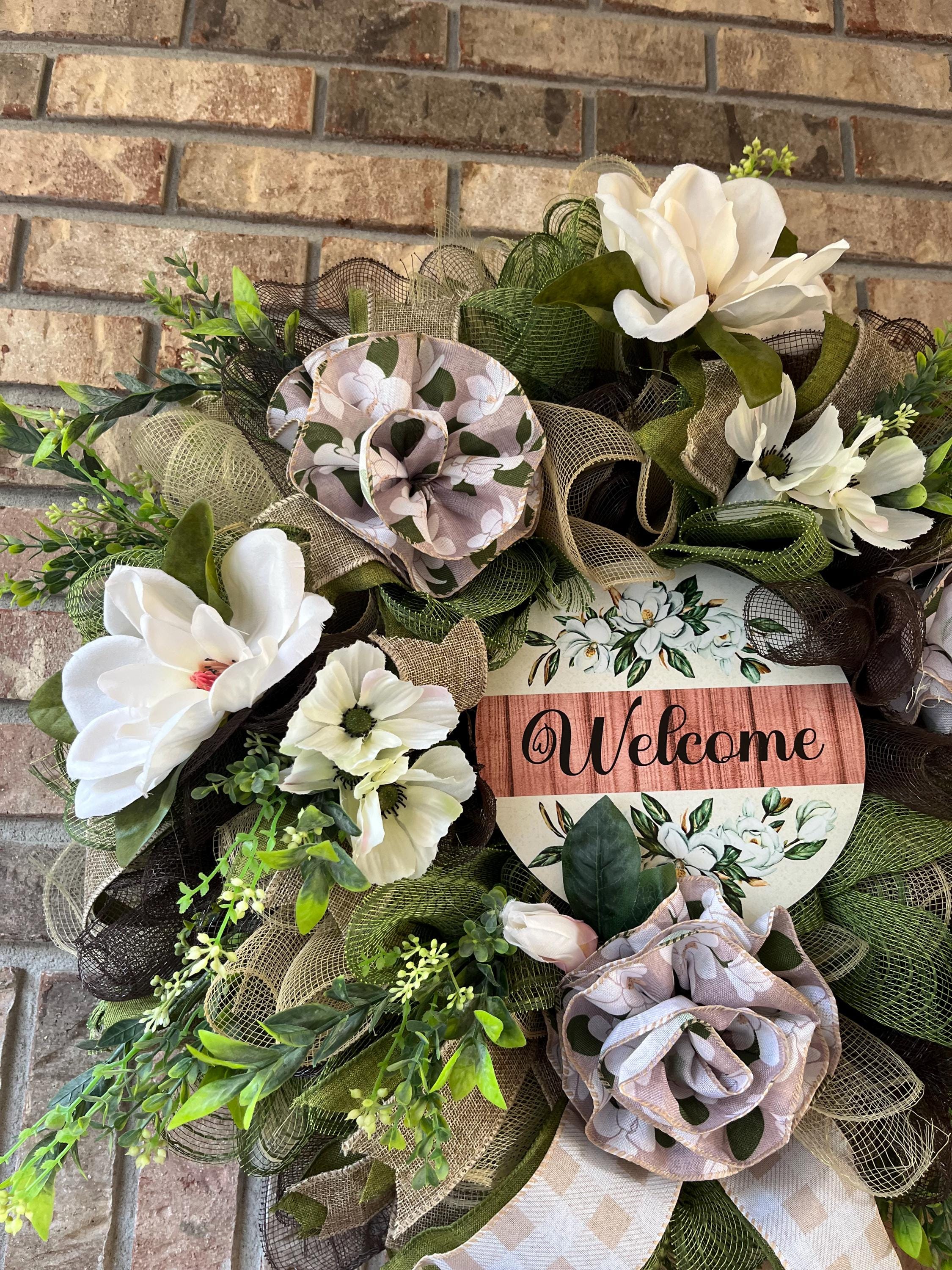Everyday| Farmhouse Welcome Wreath| Cream Flowers, Burlap Mesh, Greenery