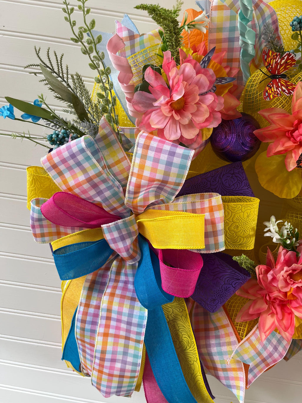 Easter Bunny Wreath | Pastel Plaid Floral Door Hanger | Spring Wreath