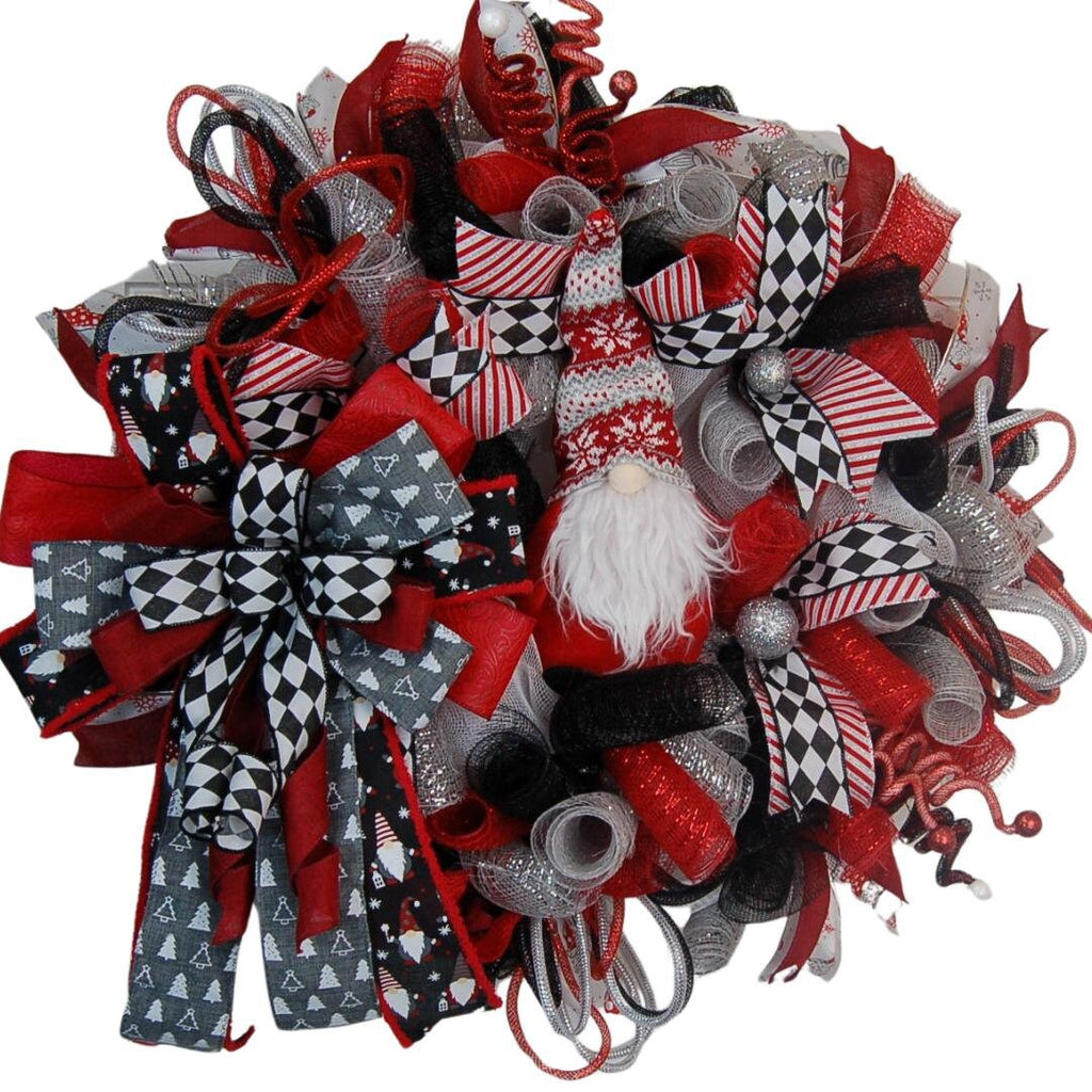 Christmas Gnome Wreath | Red Black Checkered Bows