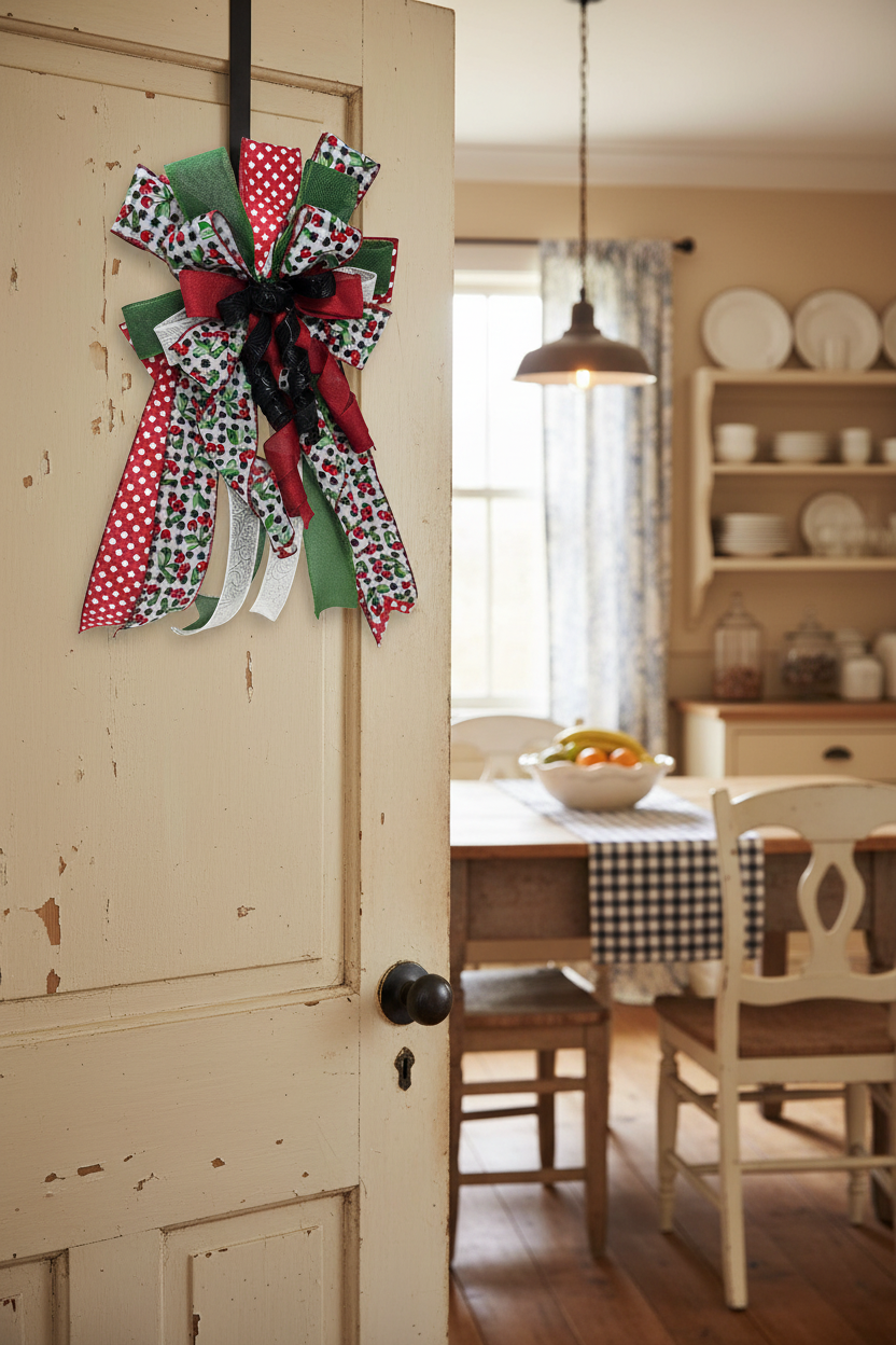 Cherry Gingham Door Bow | Red Polka Dot Wreath Decor