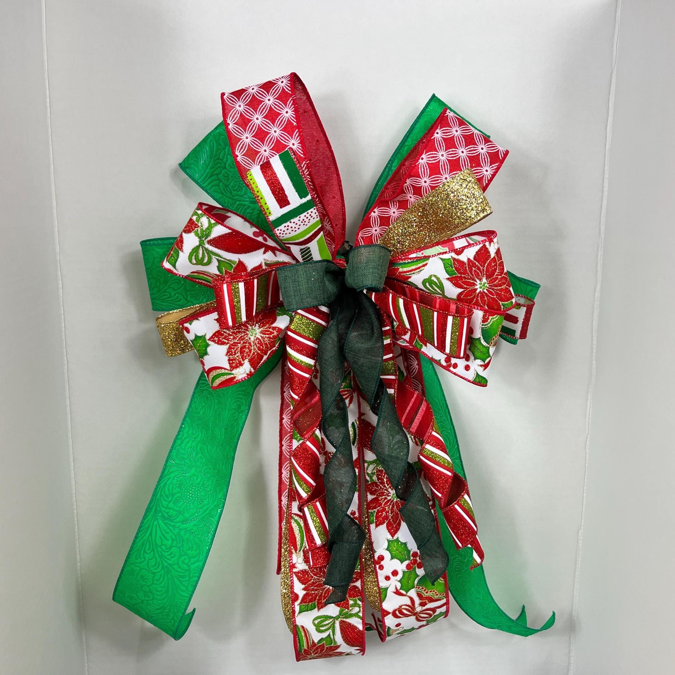 Bow| Christmas Poinsettia | Red, Green, Gold Door Decor| Tree Topper