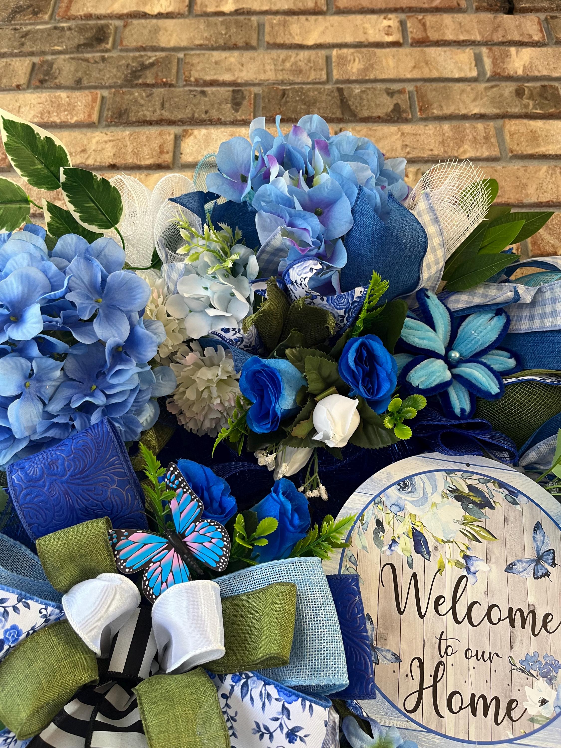 Blue Hydrangea Welcome Home Wreath | Blue White Ribbon Front Door Decor