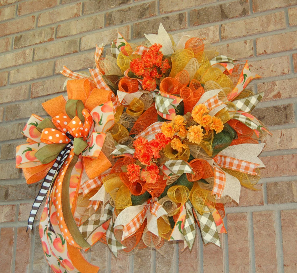 Peach & Orange Fall Wreath | Polka Dot Bows | Autumn Door Decor