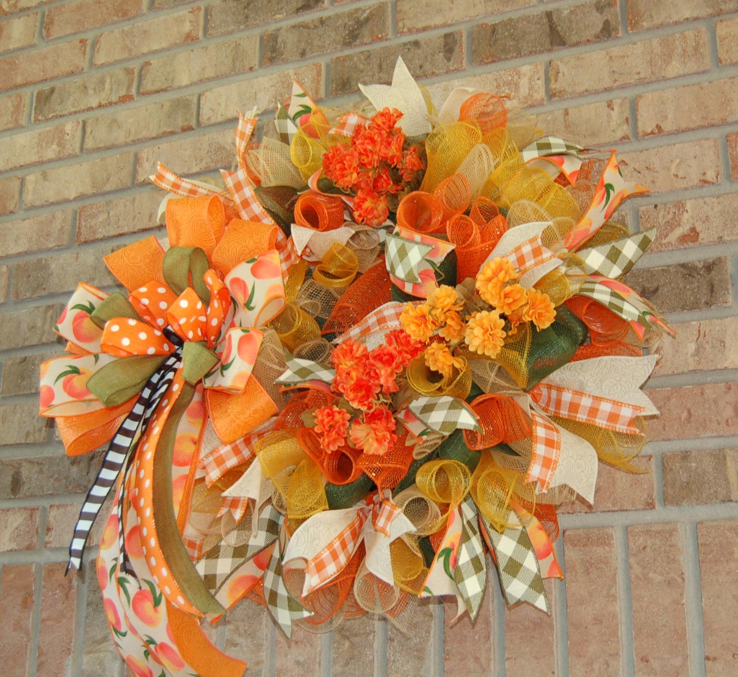 Peach & Orange Fall Wreath | Polka Dot Bows | Autumn Door Decor