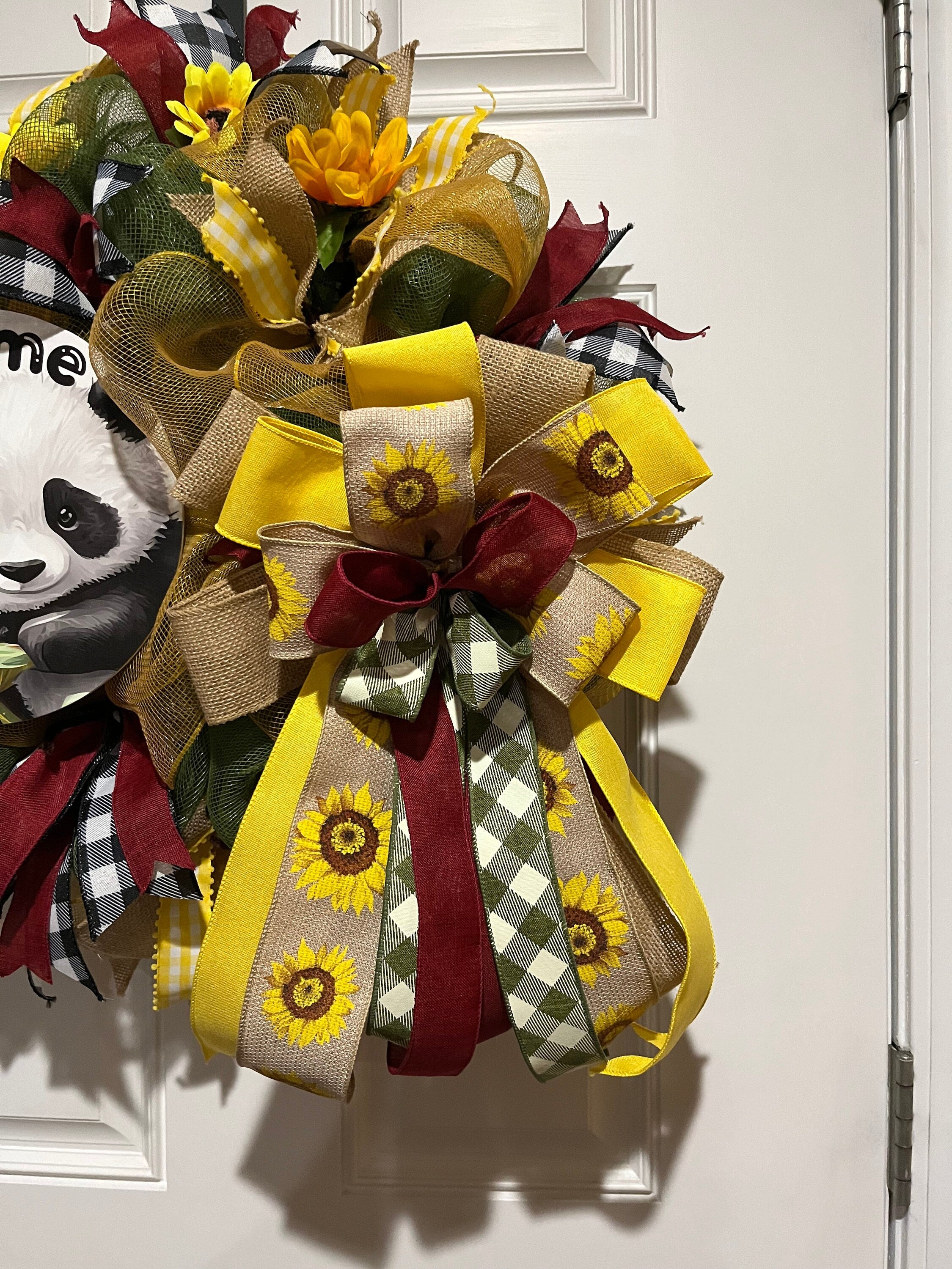 Panda Sunflower Wreath: Front Door Decor with Buffalo Plaid Bows