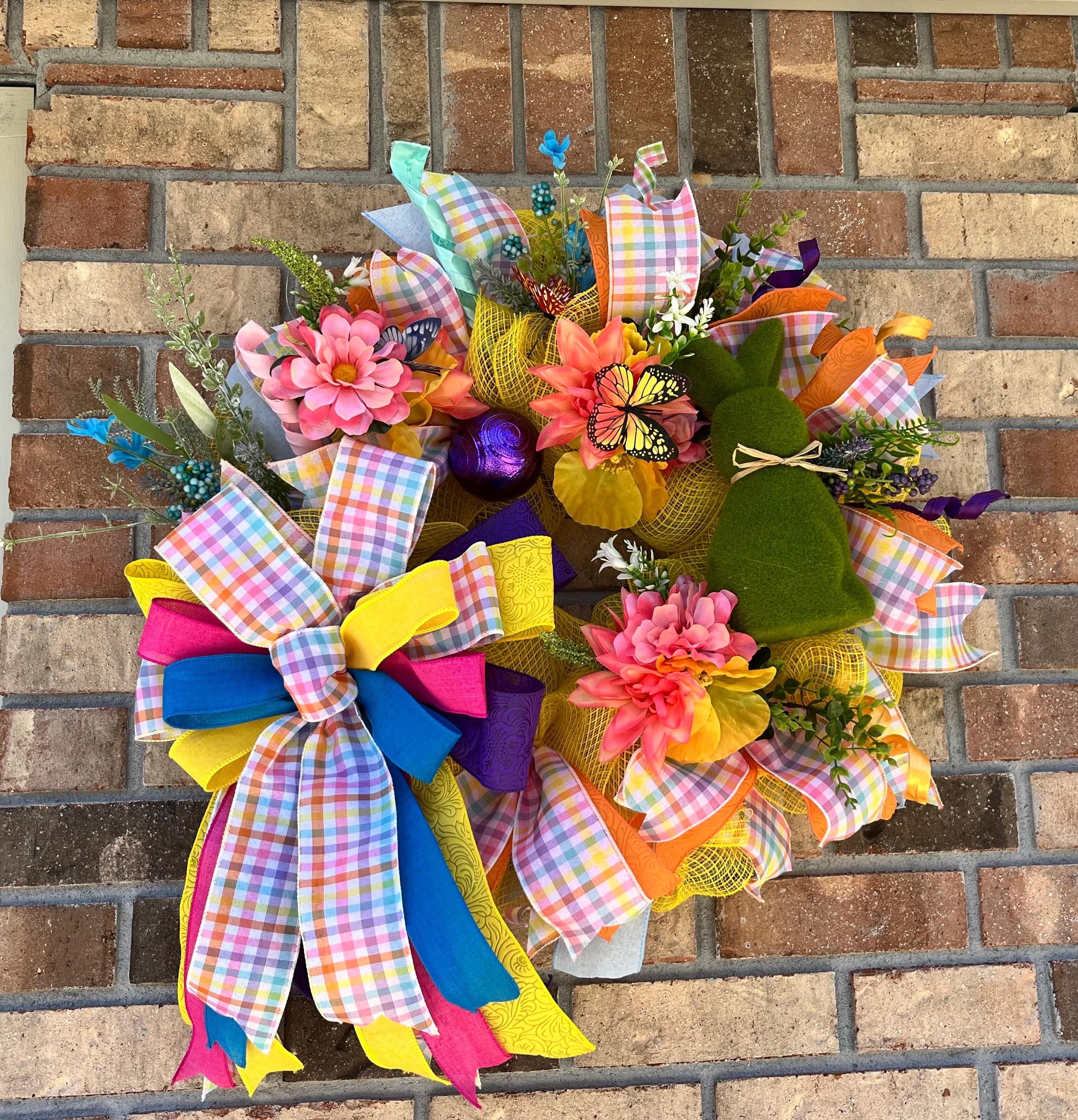 Easter Bunny Wreath | Pastel Plaid Floral Door Hanger | Spring Wreath