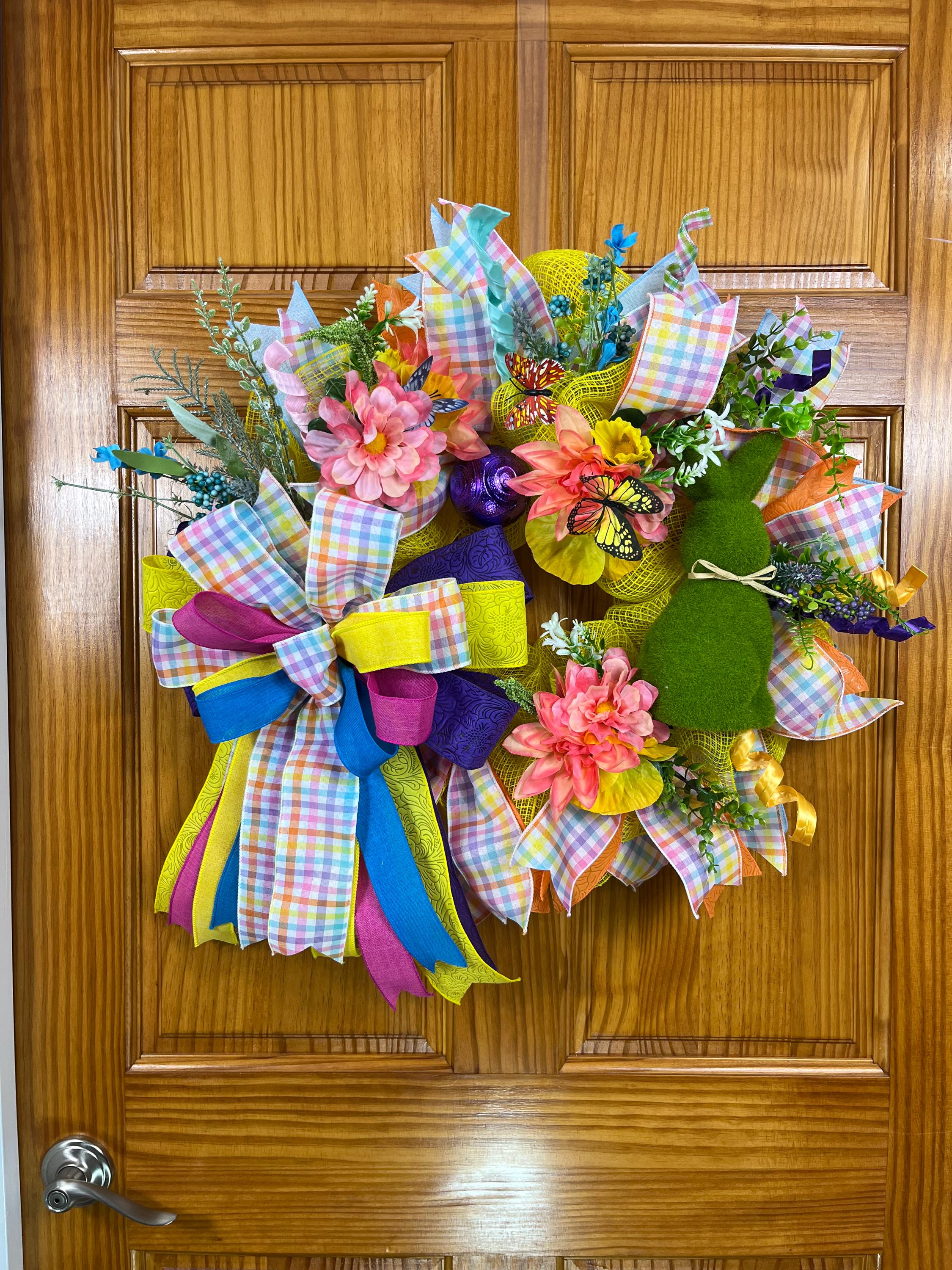 Easter Bunny Wreath | Pastel Plaid Floral Door Hanger | Spring Wreath
