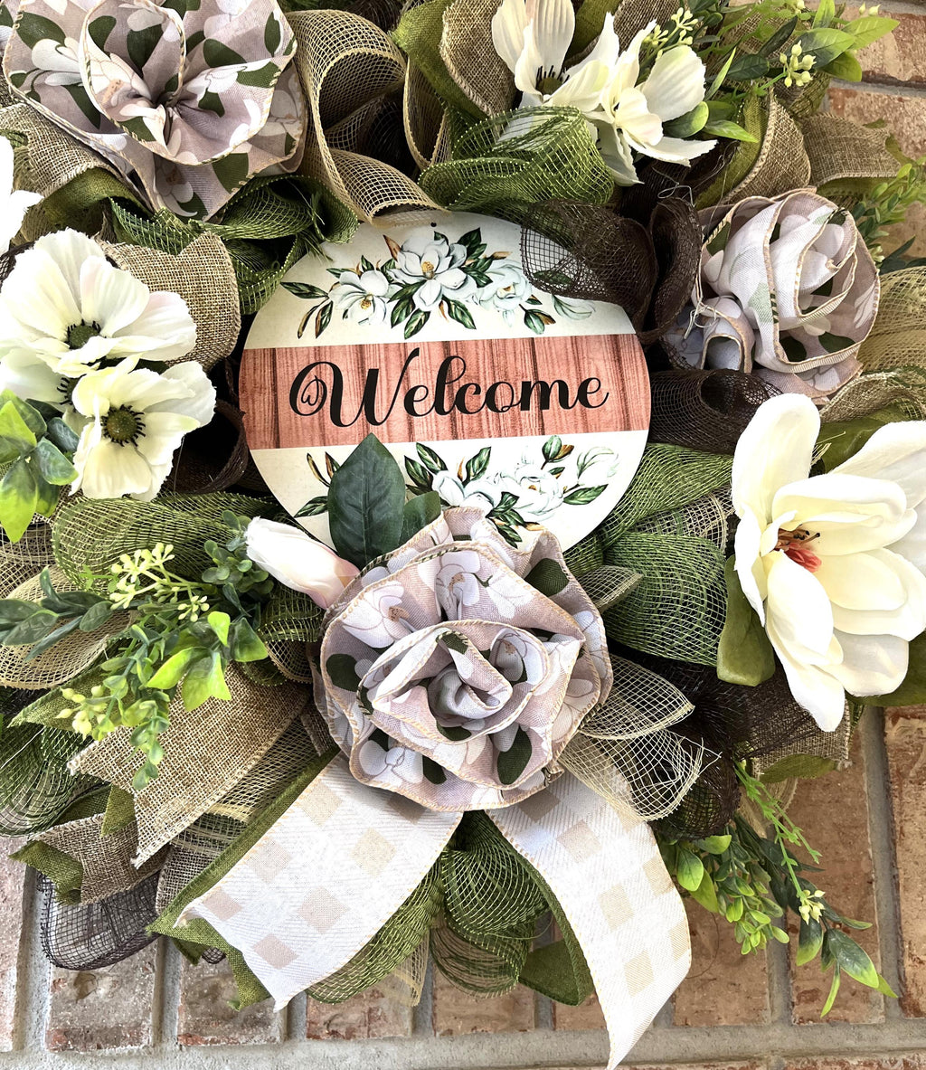 Everyday| Farmhouse Welcome Wreath| Cream Flowers, Burlap Mesh, Greenery