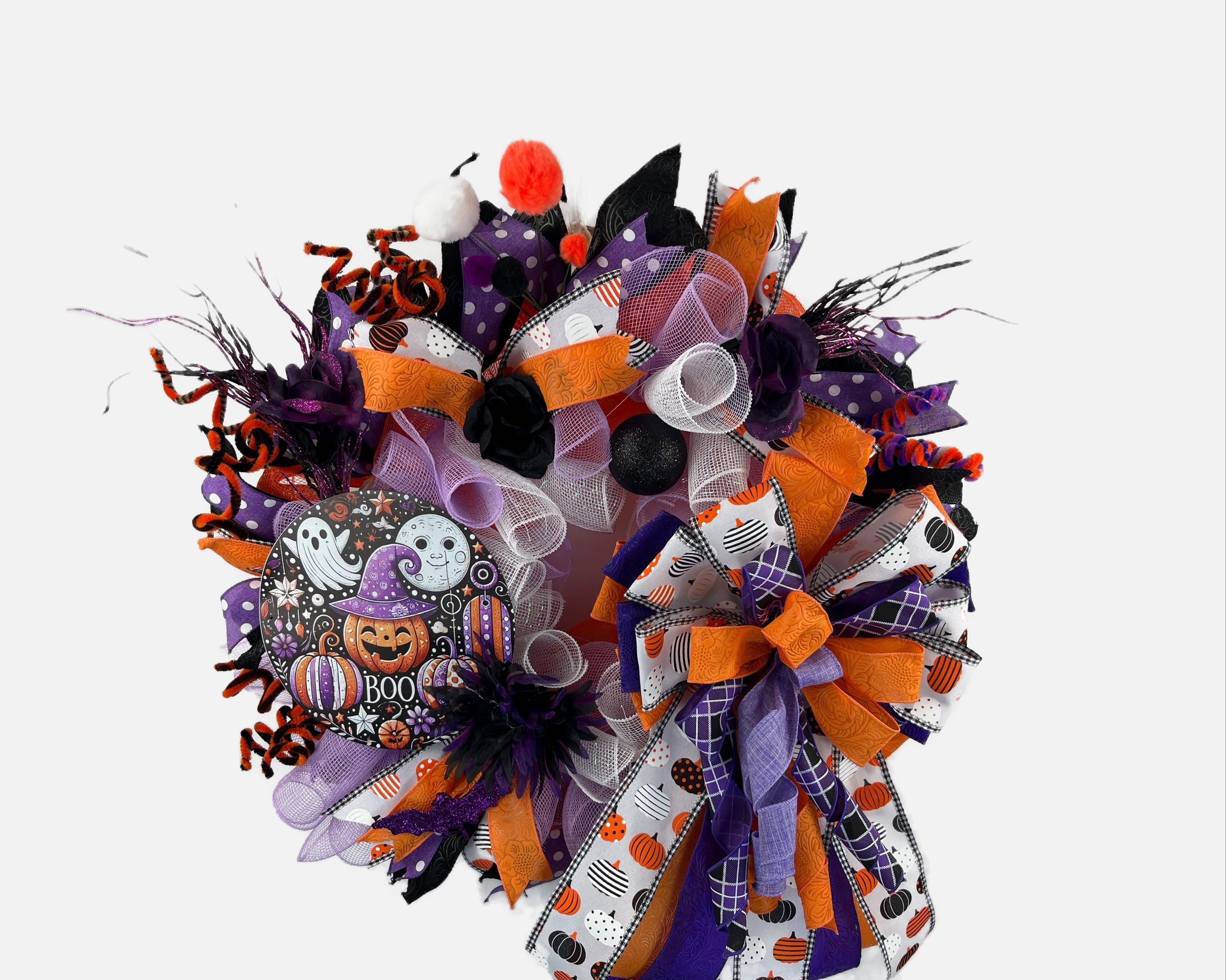 Halloween Wreath| Ghosts, Pumpkins, Bows | Spooky Front Door Decor