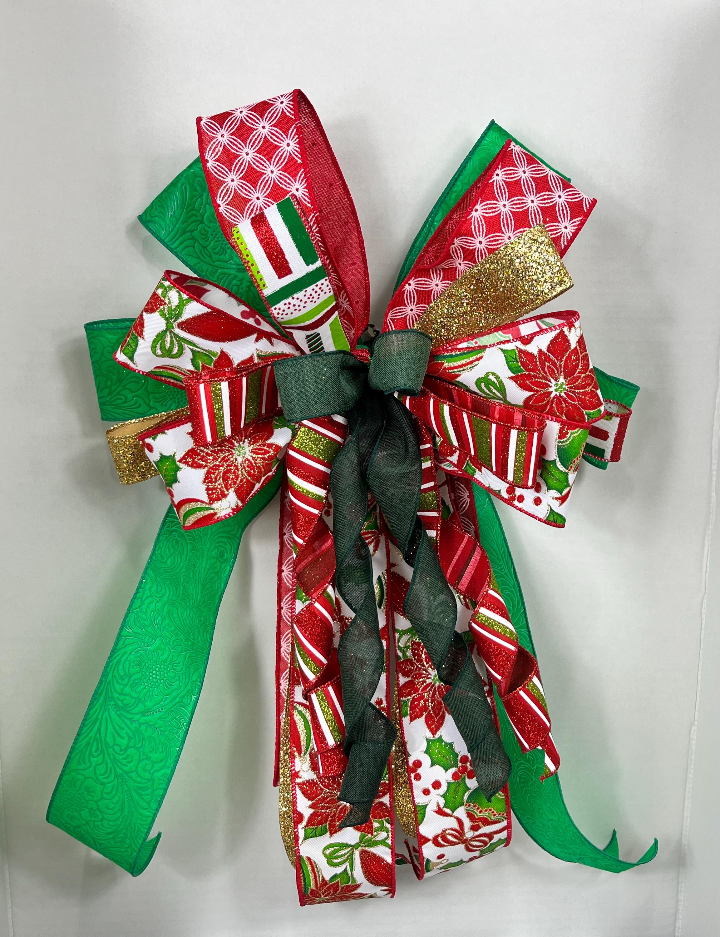 Bow| Christmas Poinsettia | Red, Green, Gold Door Decor| Tree Topper