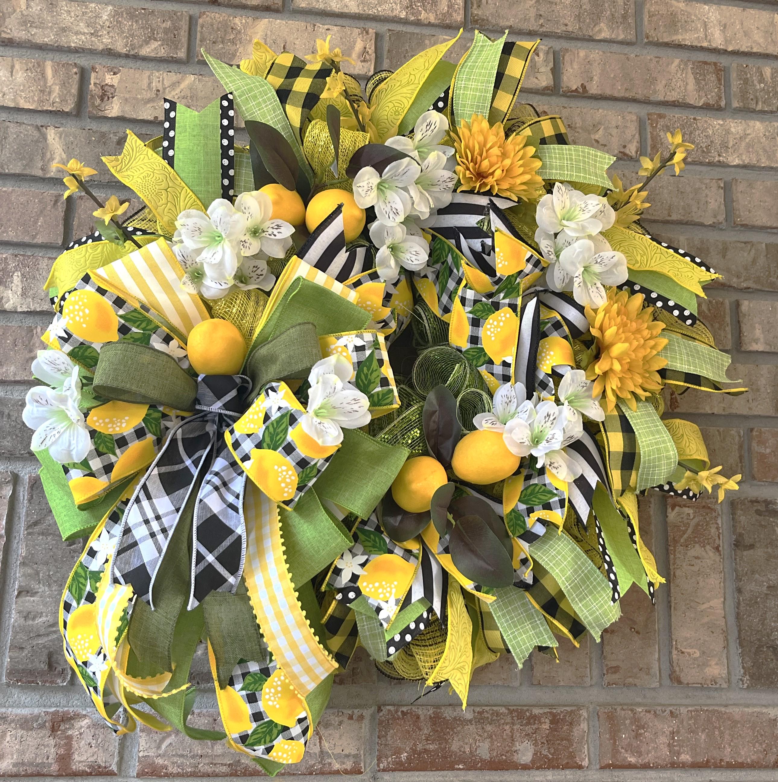 Lemon Summer Wreath | Yellow Floral Farmhouse Decor with Gingham Ribbon