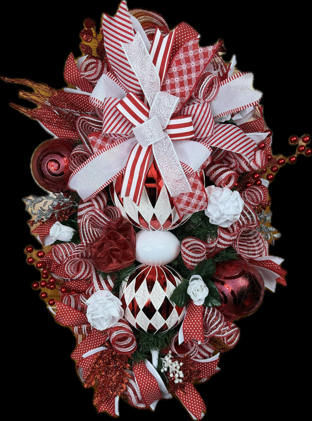 Elegant Stacked Ornament Christmas Wreath | Handmade Red & White Holiday Front Door Wreath | Luxury Christmas Door Hanger | Farmhouse Holiday Decor