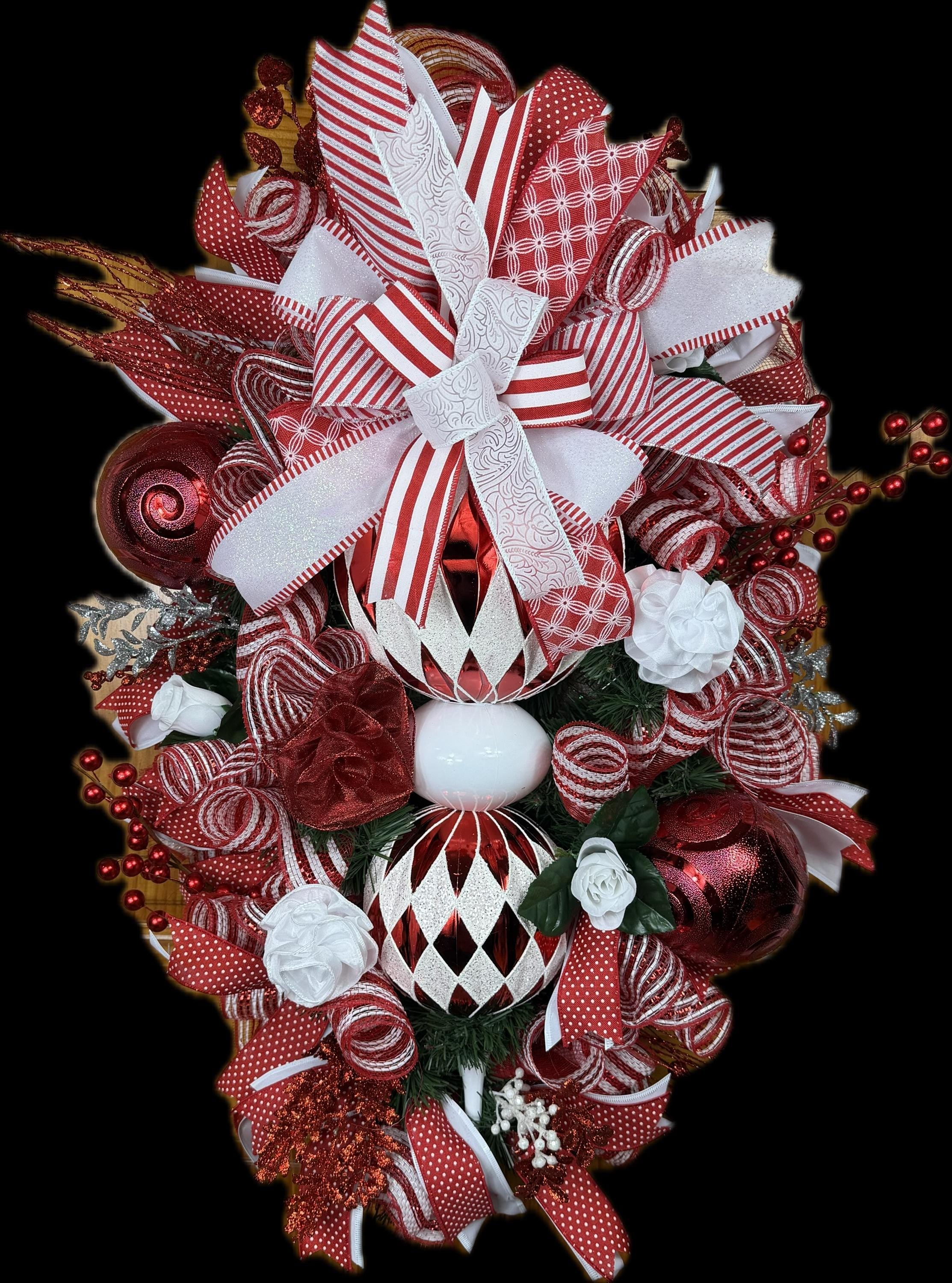 Red White Ornament Christmas Wreath | Elegant Holiday Door Decor