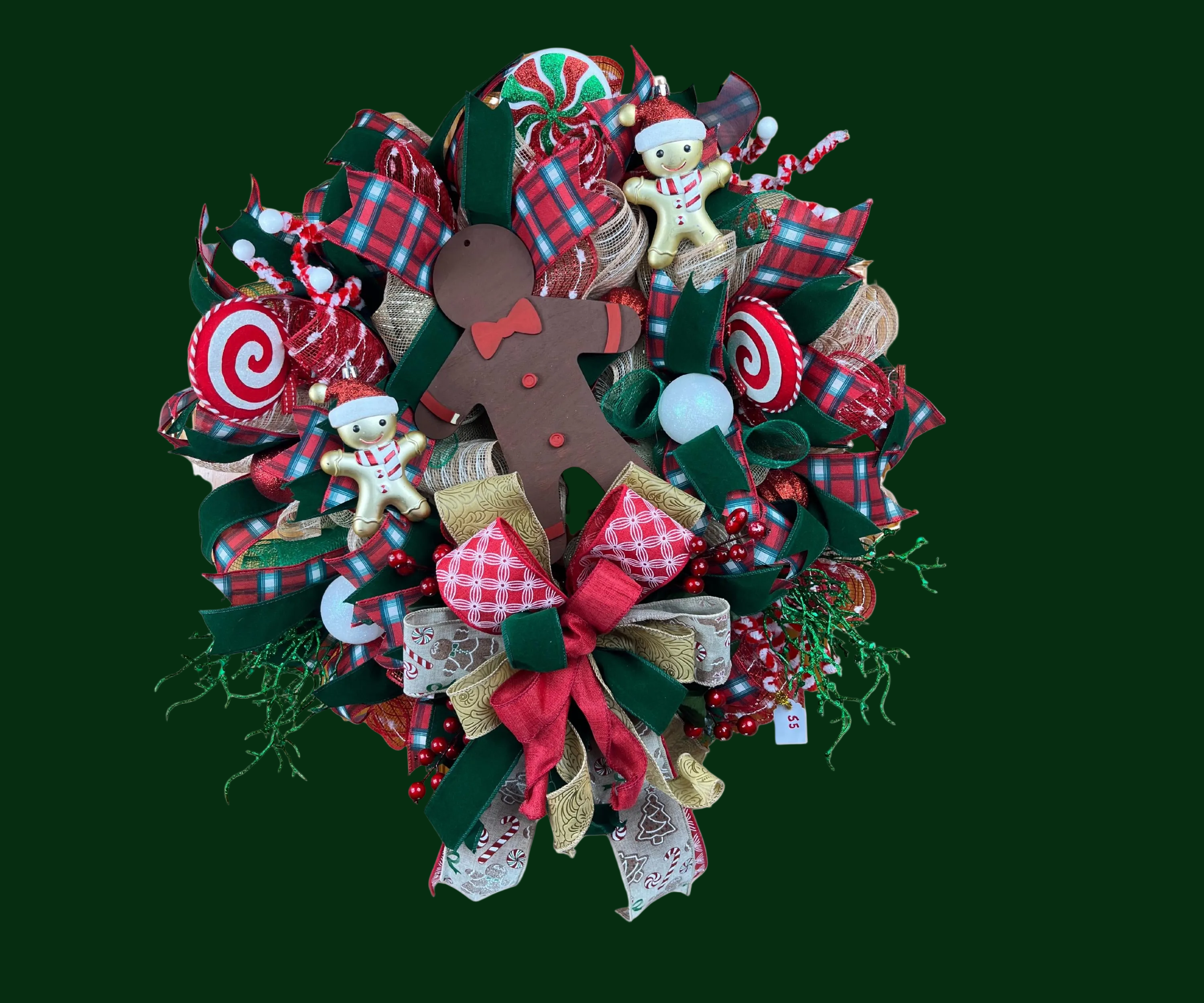 Gingerbread Christmas Wreath | Handmade Candy Cane Front Door Wreath | Whimsical Farmhouse Holiday Door Hanger | Christmas Cookie Decor
