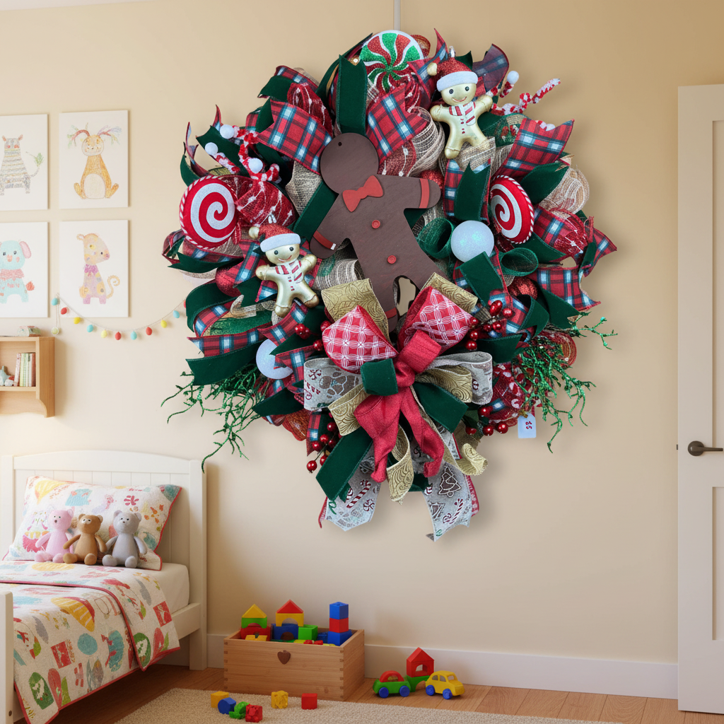 Gingerbread Christmas Wreath | Handmade Candy Cane Front Door Wreath | Whimsical Farmhouse Holiday Door Hanger | Christmas Cookie Decor