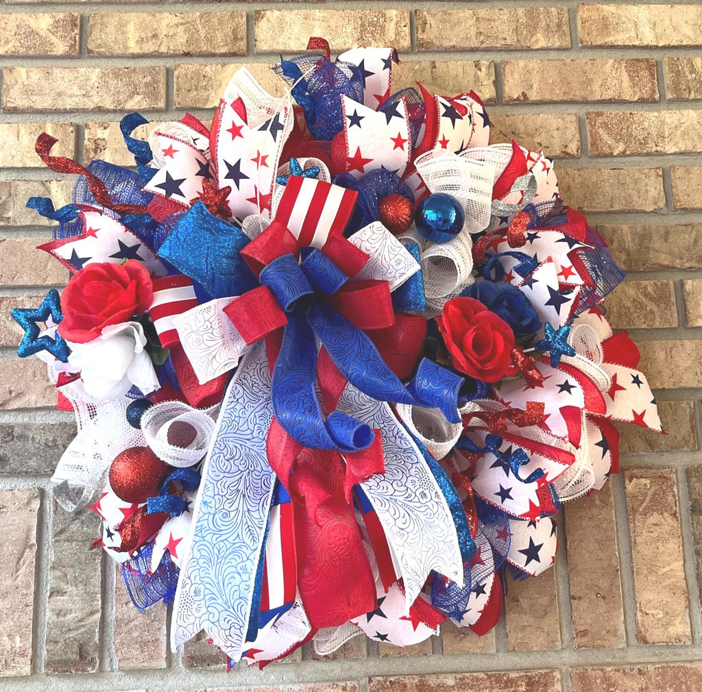 Patriotic Red, White & Blue Wreath | 4th of July Front Door Wreath | Handmade Americana Wreath | Memorial Day Decor | Veteran's Day Wreath
