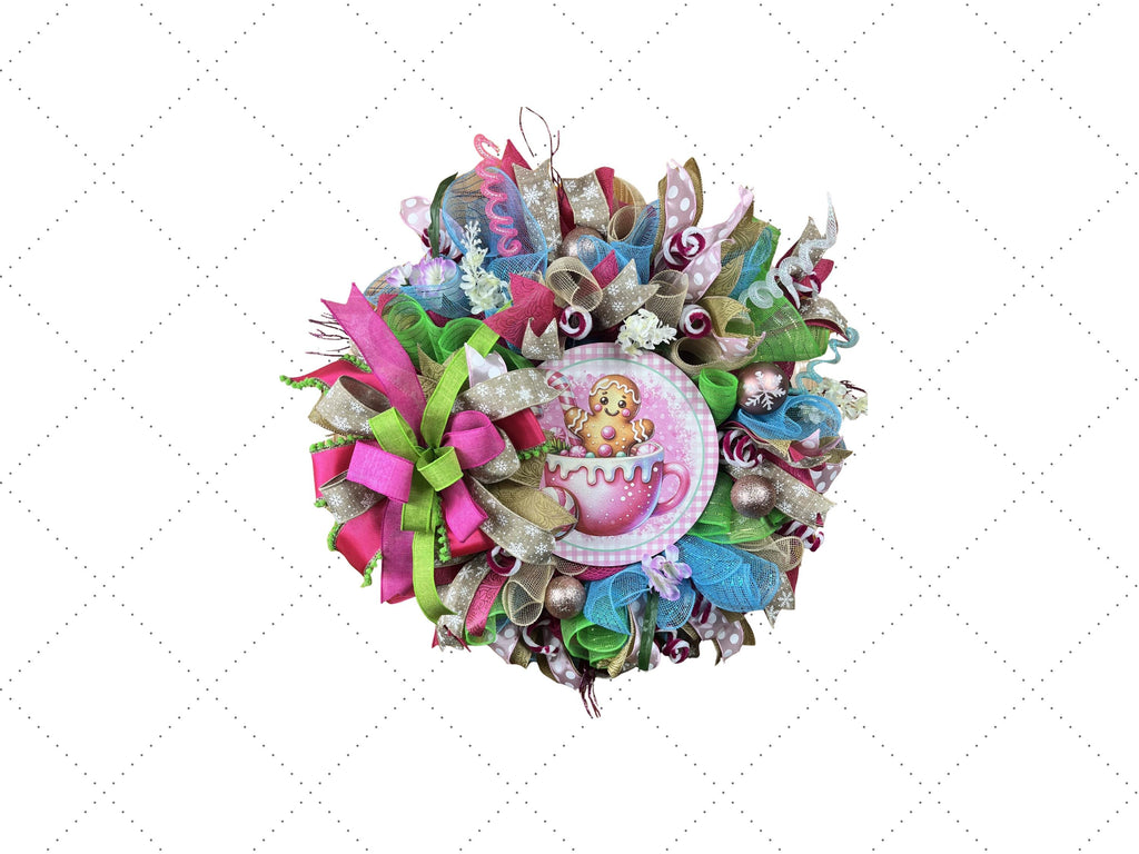 Gingerbread Hot Cocoa Christmas Wreath | Whimsical Candyland Front Door Wreath | Pink Christmas Decor | Handmade Holiday Door Hanger