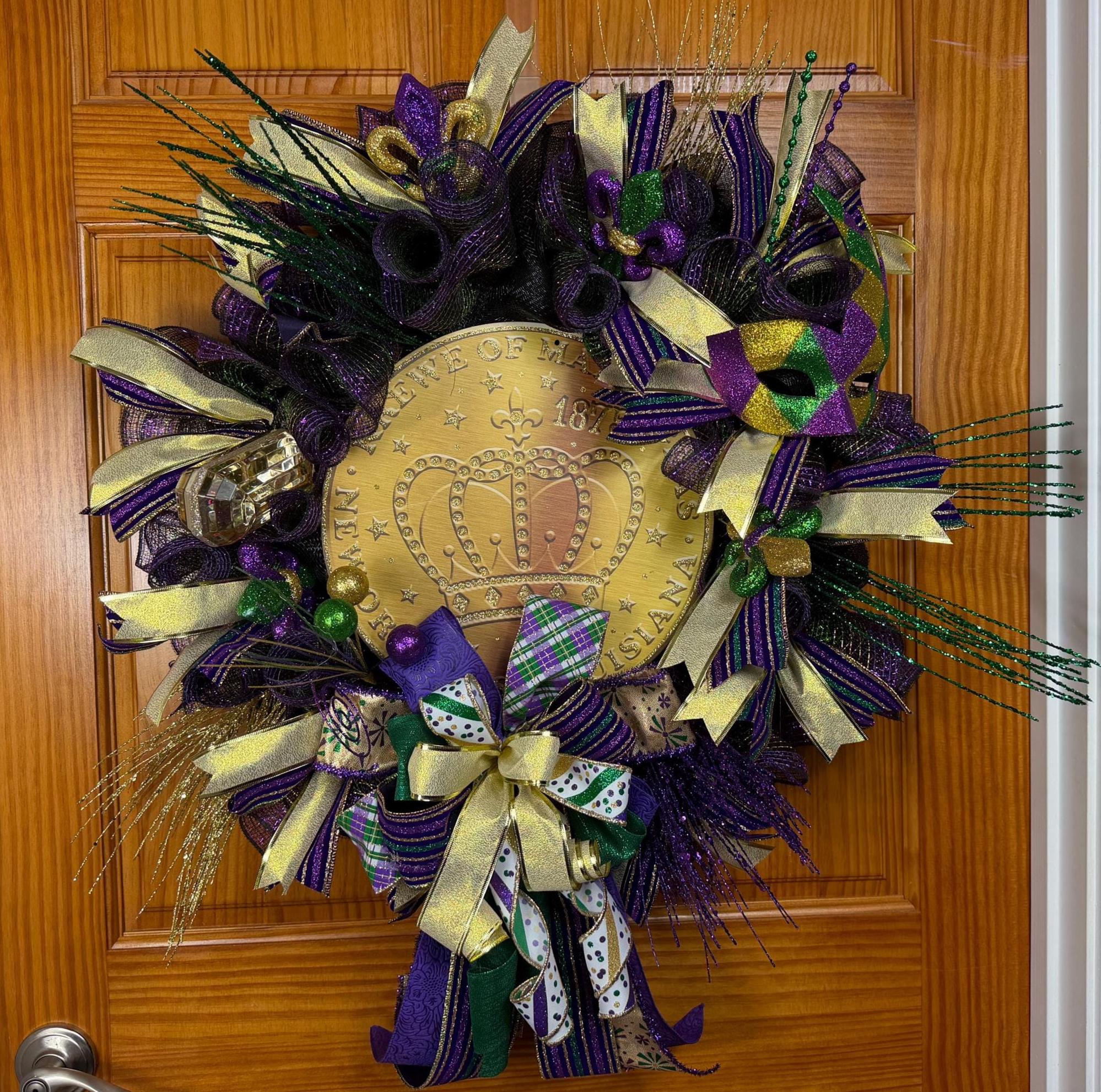 Mardi Gras Wreath, Purple Green Gold Door Decor, Fleur De Lis Mask Accent