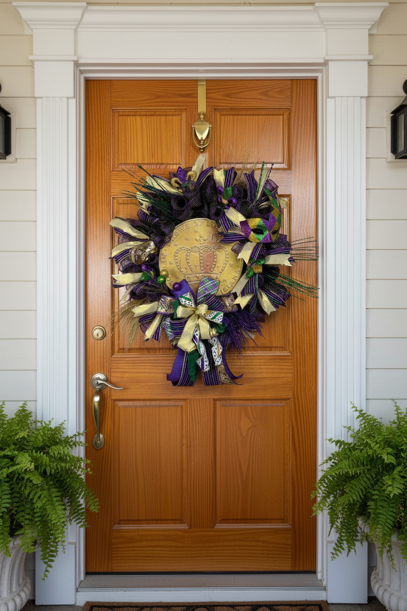 Mardi Gras Wreath, Purple Green Gold Door Decor, Fleur De Lis Mask Accent