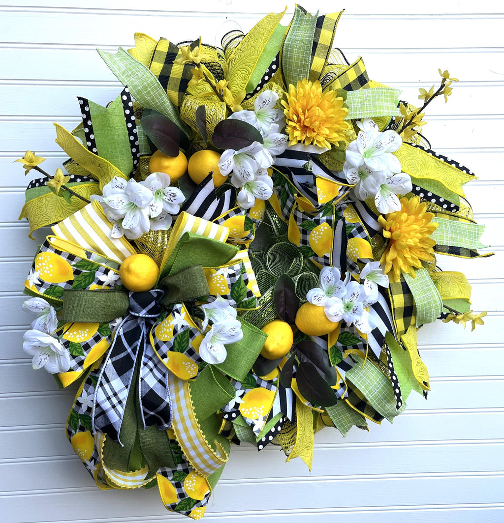 Lemon Summer Wreath | Yellow Floral Farmhouse Decor with Gingham Ribbon