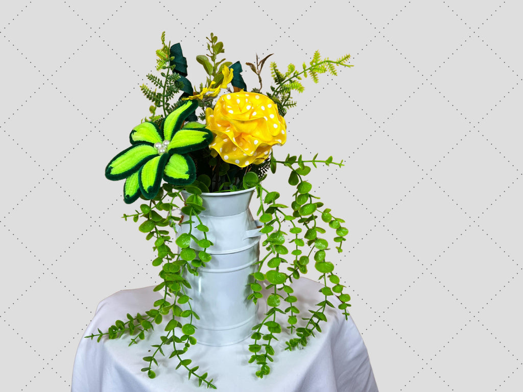 Yellow and Green Floral Arrangement in White Metal Pitcher, Spring Summer Farmhouse Table Decor
