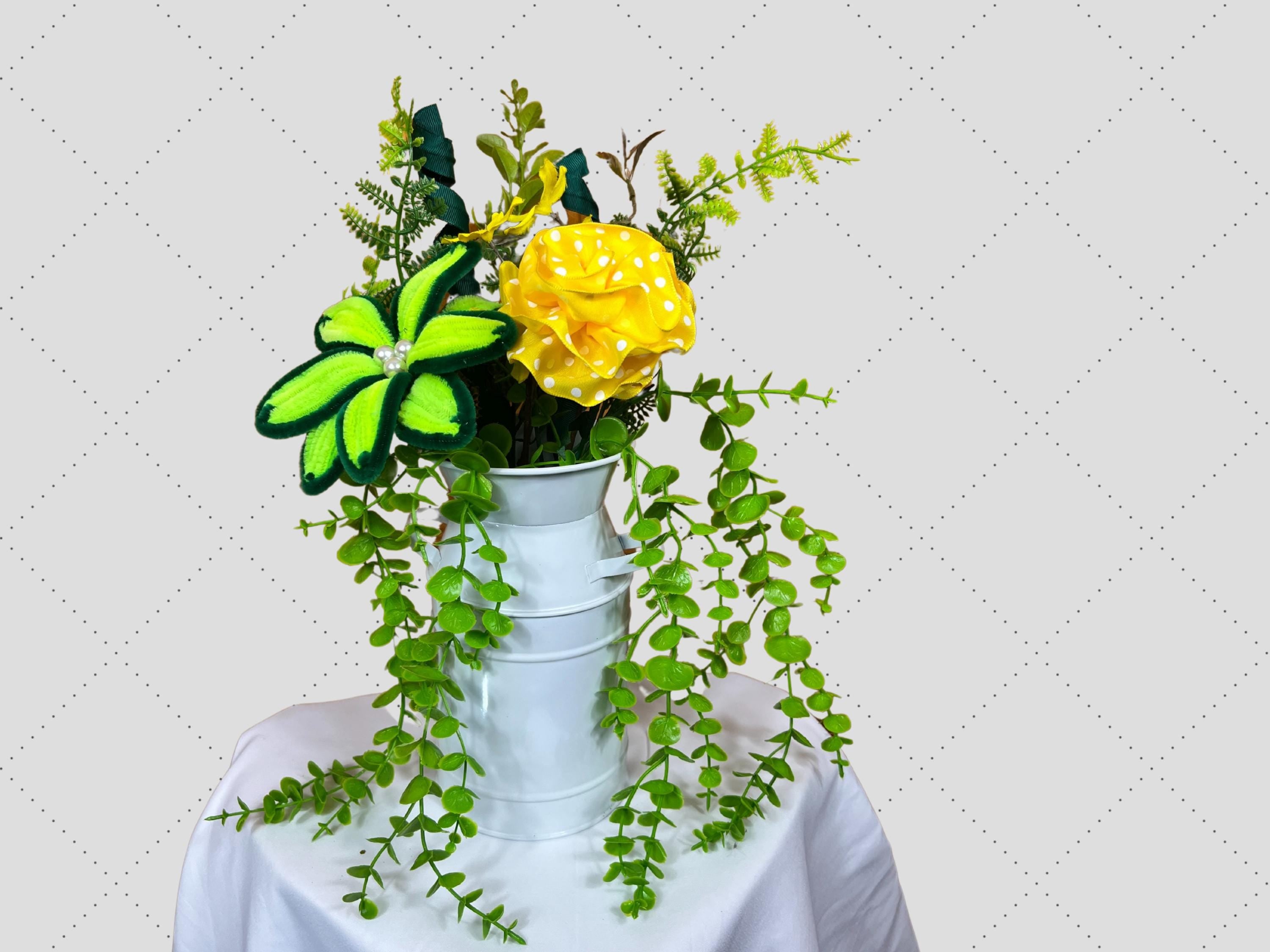 Spring Floral Arrangement | Handmade Velvet Flower in White Tin