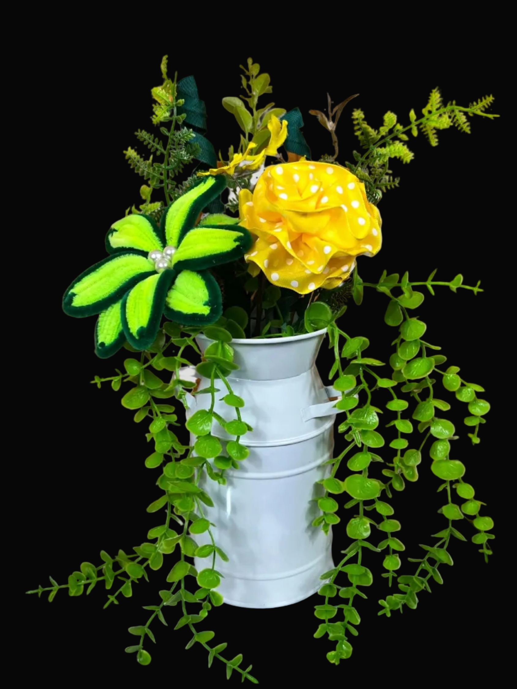 Yellow and Green Floral Arrangement in White Metal Pitcher, Spring Summer Farmhouse Table Decor