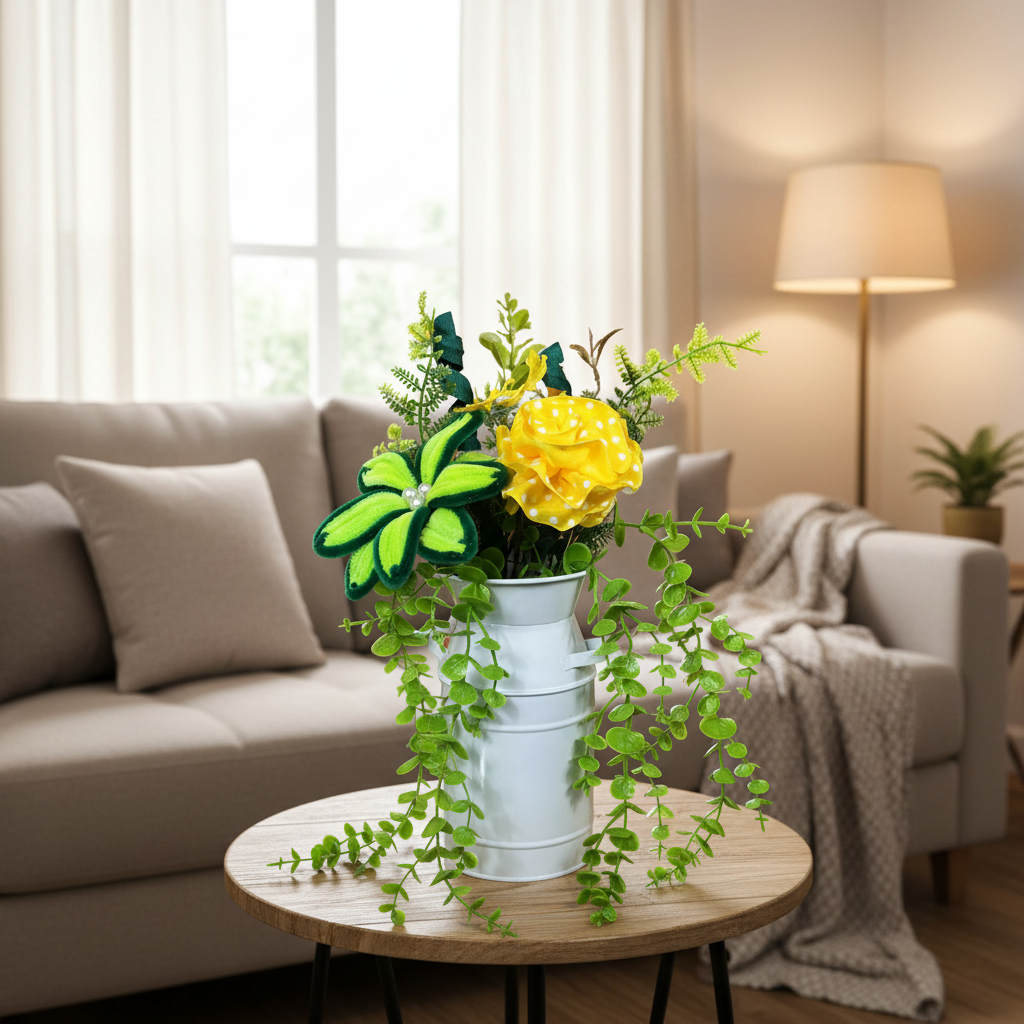 Yellow and Green Floral Arrangement in White Metal Pitcher, Spring Summer Farmhouse Table Decor