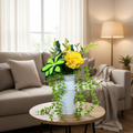 Yellow and Green Floral Arrangement in White Metal Pitcher, Spring Summer Farmhouse Table Decor