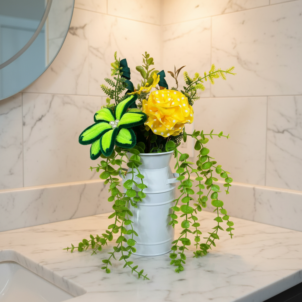 Yellow and Green Floral Arrangement in White Metal Pitcher, Spring Summer Farmhouse Table Decor