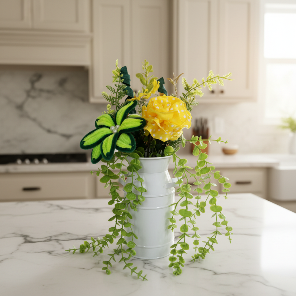 Yellow and Green Floral Arrangement in White Metal Pitcher, Spring Summer Farmhouse Table Decor