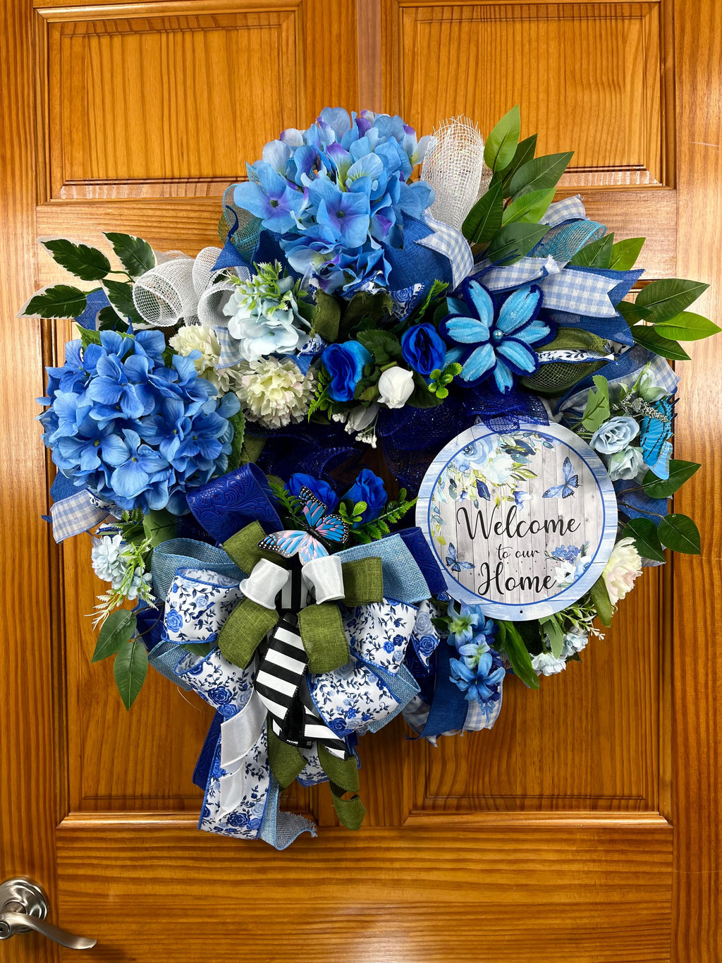 Blue Hydrangea Welcome Home Wreath | Blue White Ribbon Front Door Decor