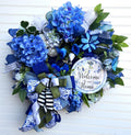 Blue Hydrangea Welcome Home Wreath | Blue White Ribbon Front Door Decor