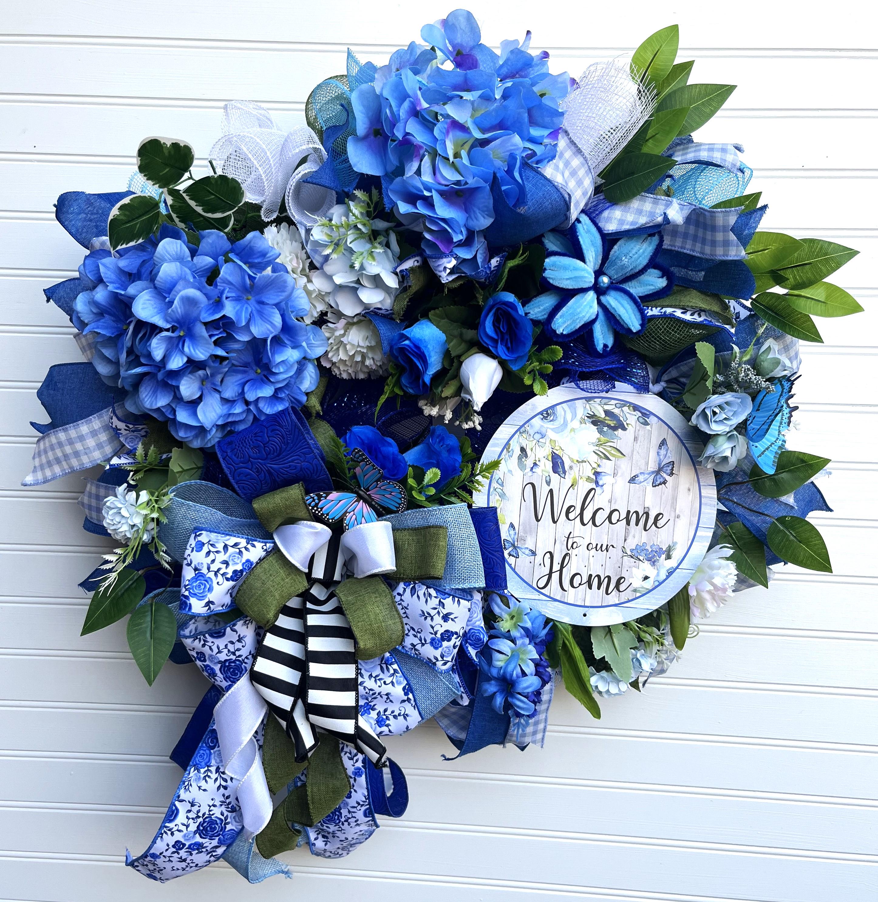 Blue Hydrangea Welcome Home Wreath | Blue White Ribbon Front Door Decor