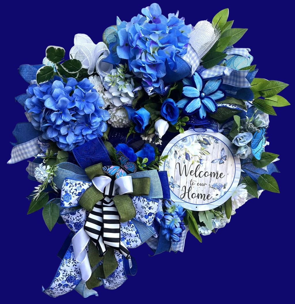 Blue Hydrangea Welcome Home Wreath | Blue White Ribbon Front Door Decor
