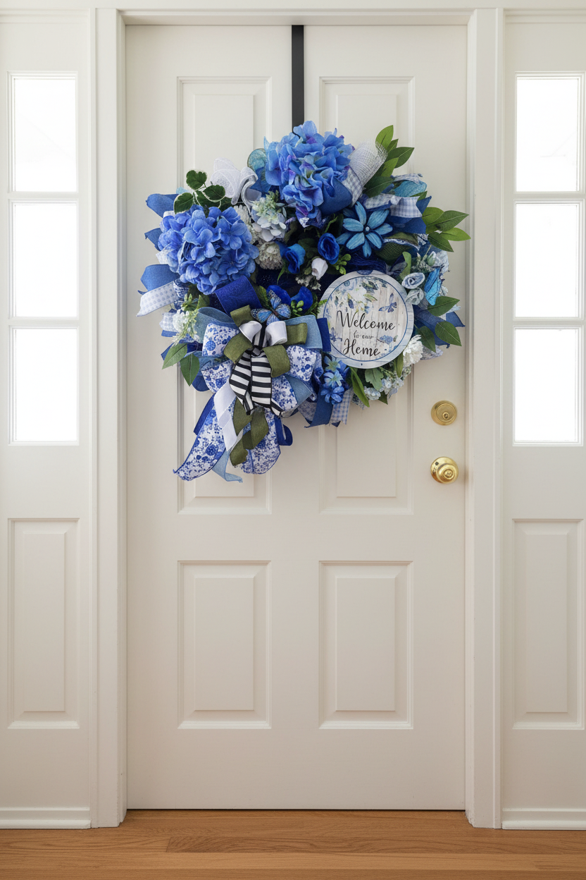 Blue Hydrangea Welcome Home Wreath | Blue White Ribbon Front Door Decor