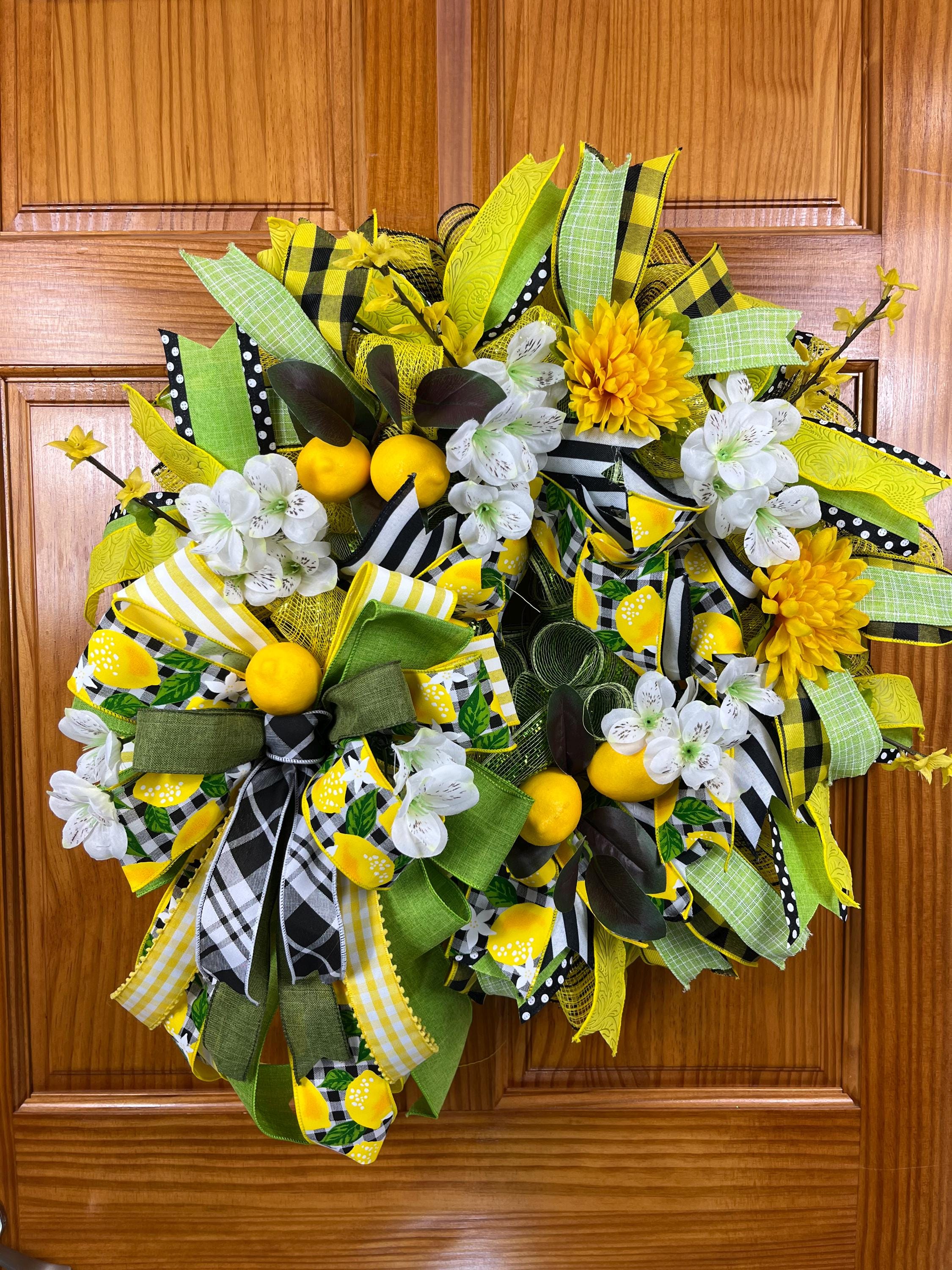 Lemon Summer Wreath | Yellow Floral Farmhouse Decor with Gingham Ribbon